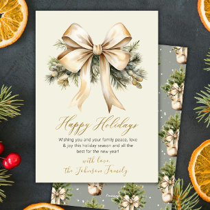 Gold Bow Watercolor Foliage Beige Christmas  Holiday Card