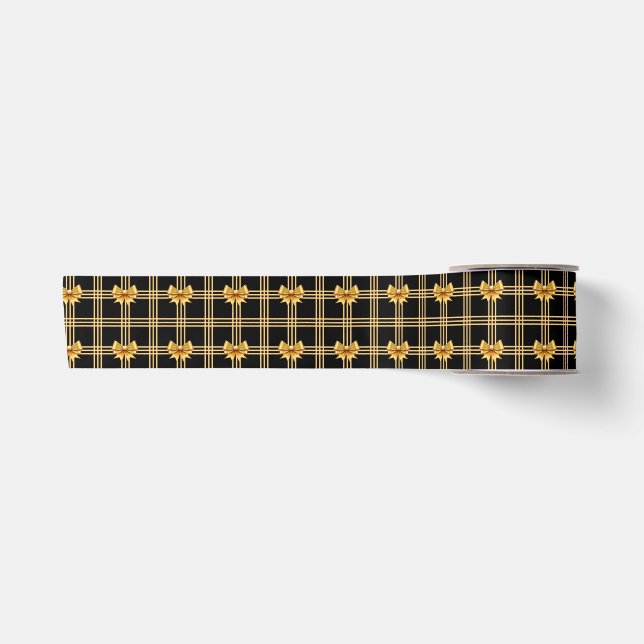 Gold Bows on Black Background Satin Ribbon (Front)