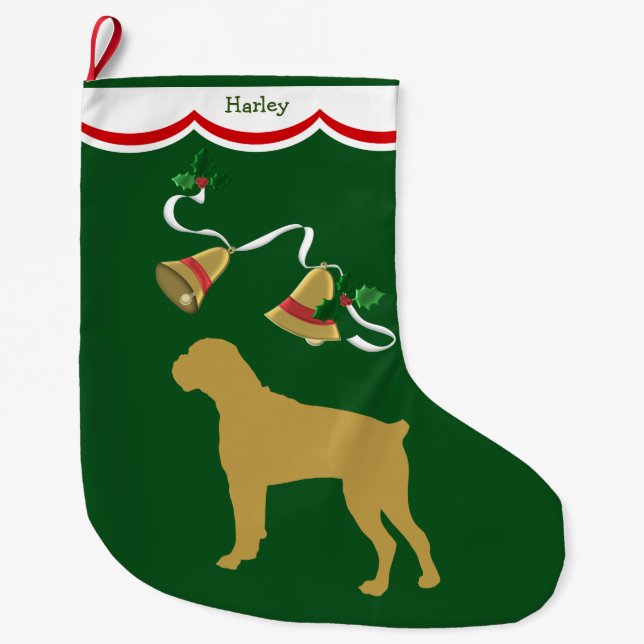 Gold Boxer Dog Holiday Bells Large Christmas Stocking (Front)