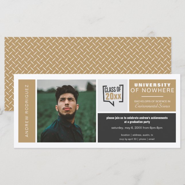 Gold Boxes & Photo Wide Graduation Invitation (Front/Back)