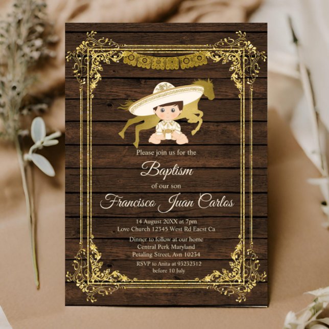 Gold Boy Baptism Mexican Christening Rustic Wood Invitation (Creator Uploaded)