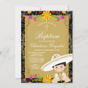 Gold Boy Mexican Baptism Colourful Floral Party Invitation