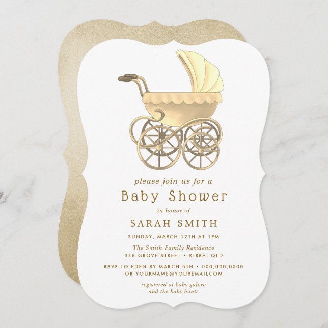 Gold Boy Or Girl Stroller Pram Baby Shower Invite (Front/Back)