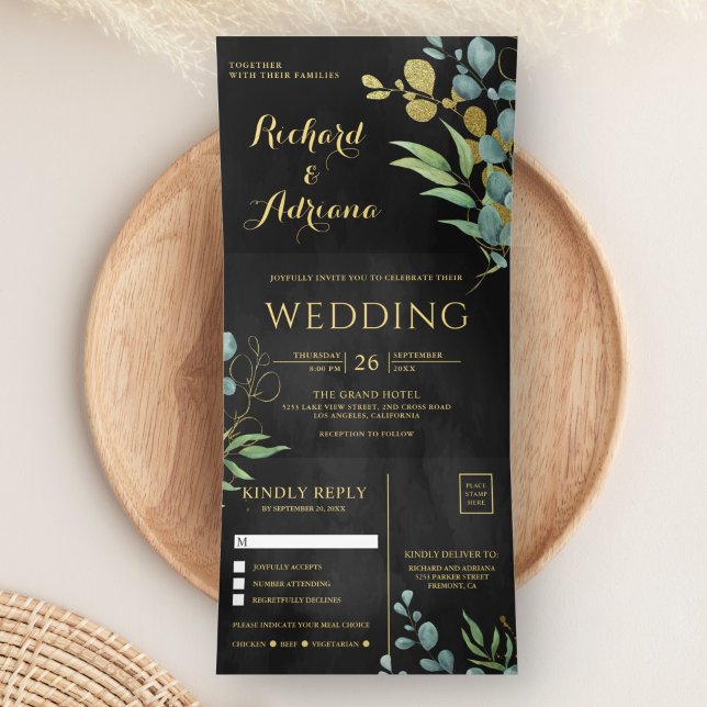 Gold Branch Eucalyptus Leaves Black Wedding Tri-Fold Invitation (Creator Uploaded)