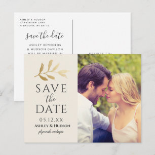 Gold Branch Wedding Photo Save the Date Cream Announcement Postcard