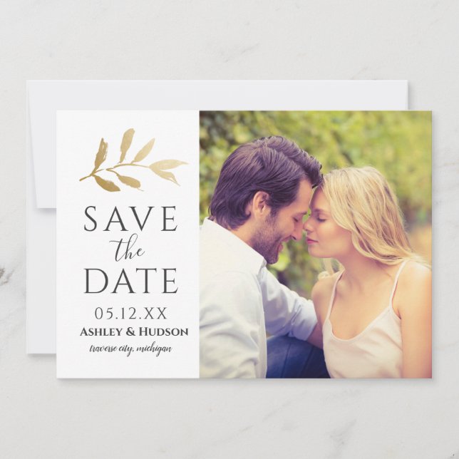 Gold Branch Wedding Photo White Save The Date (Front)