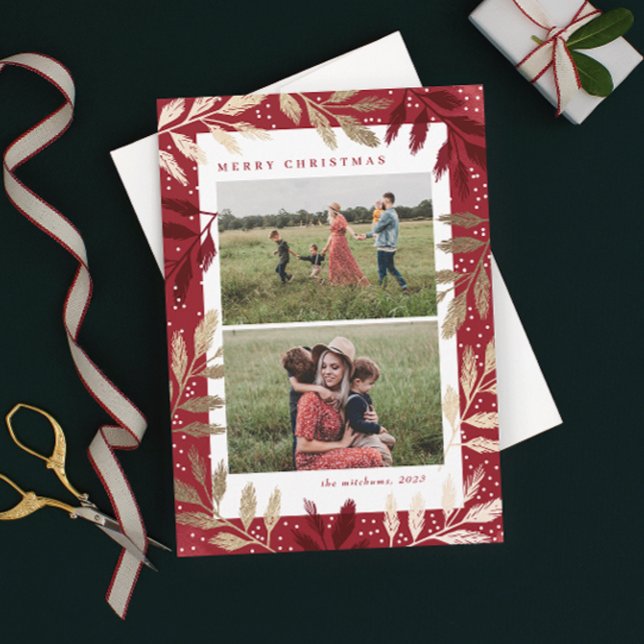 Gold Branches 2 Photo Christmas Holiday Card (Creator Uploaded)