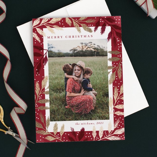 Gold Branches 3 Photo Christmas Holiday Card (Elegant gold branch frame 3 photo christmas holiday card.)