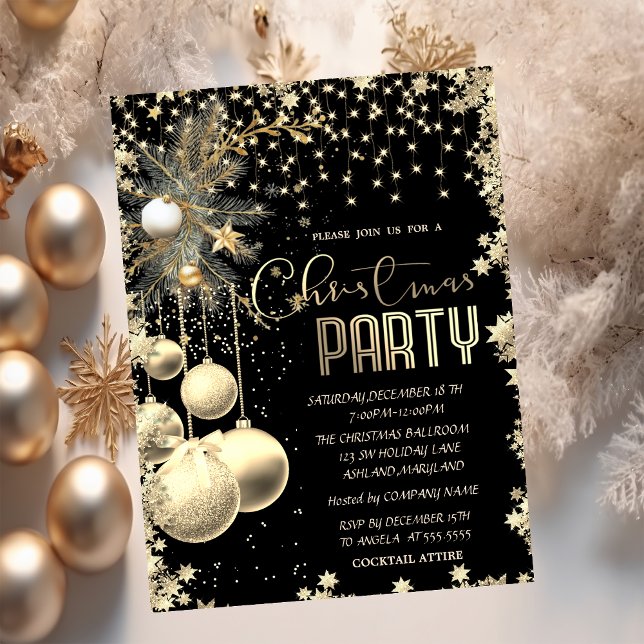 Gold Branches Balls Stars Black Company Christmas  Invitation (Creator Uploaded)