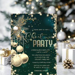 Gold Branches Balls Stars Green Company Christmas Invitation