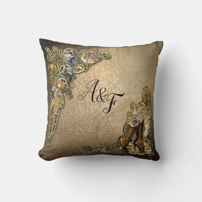 Gold & Brass Steampunk sculptures Wedding Gift Cushion (Front)