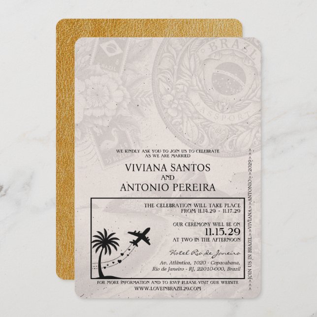 Gold Brazil Passport Wedding Invitation (Front/Back)