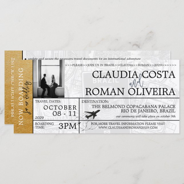 Gold Brazil Wedding Boarding Pass Invitation (Front/Back)