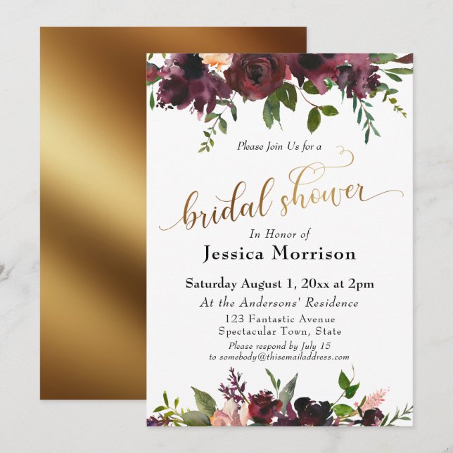 Gold Bridal Shower Burgundy Watercolor Flowers Invitation (Front/Back)