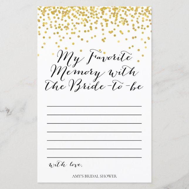 Gold Bridal Shower Game - Favourite Memory (Front)