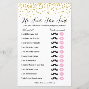 Gold Bridal Shower Game - He Said She Said