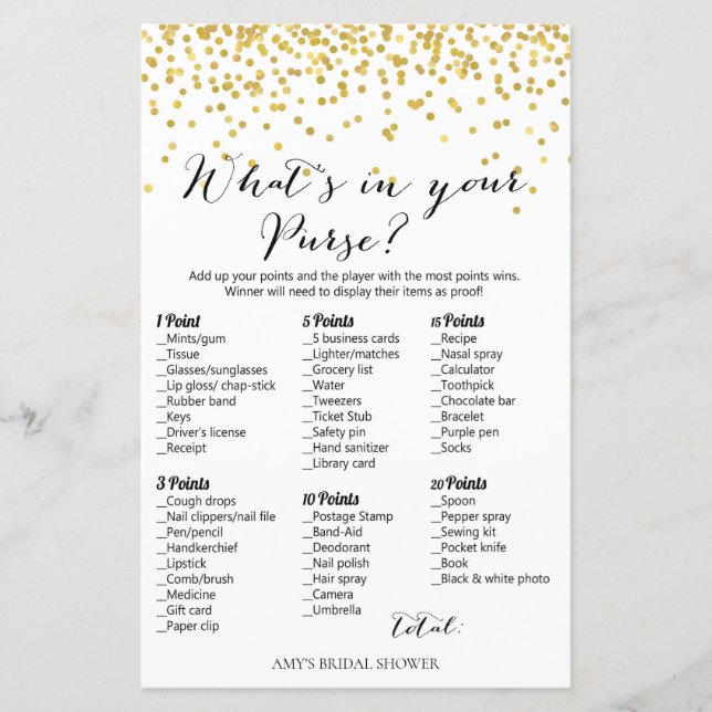 Gold Bridal Shower Game - Whats in your purse (Front)