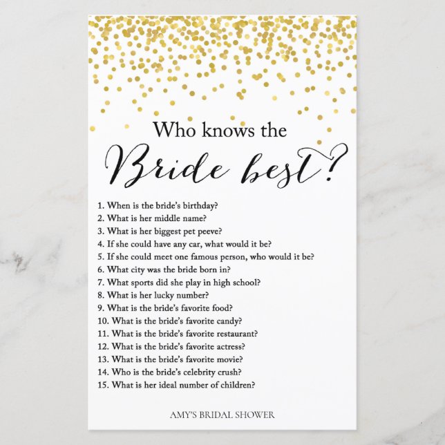 Gold Bridal Shower Game - who knows bride best (Front)