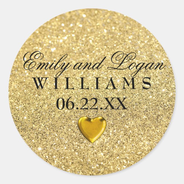 Gold Bride Groom Names Wedding Sticker with Heart (Front)