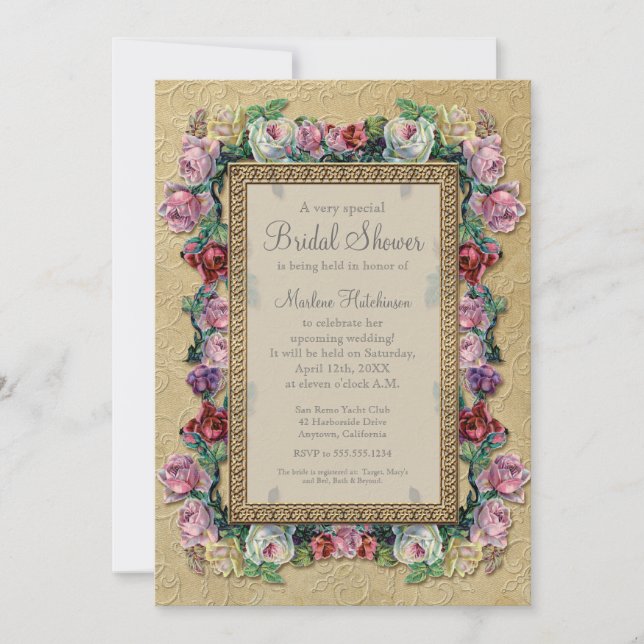 Gold Brocade Floral Formal Elegant Bridal Shower Invitation (Front)