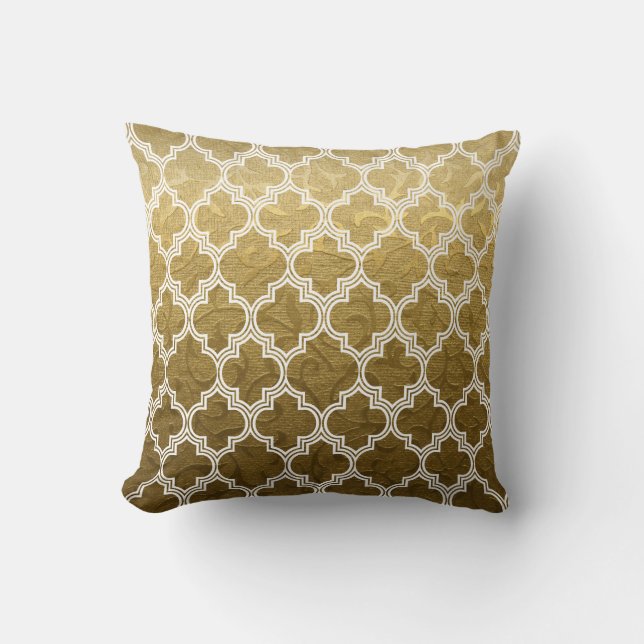 Gold brocade, white quatrefoil pattern throw cushion (Front)
