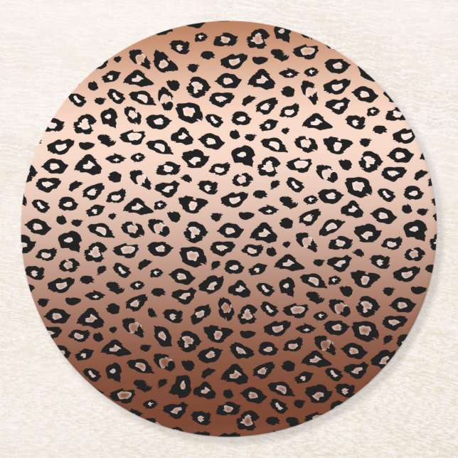Gold Bronze Black Leopard Print Ombre Round Paper Coaster (Front)