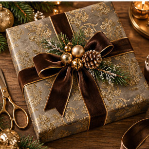 Gold & Bronze Brown Damask Faux Velvet Christmas Wrapping Paper