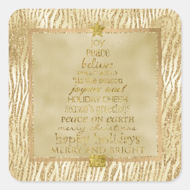Gold Bronze Glam Glitter Zebra Christmas Tree   Square Sticker (Front)