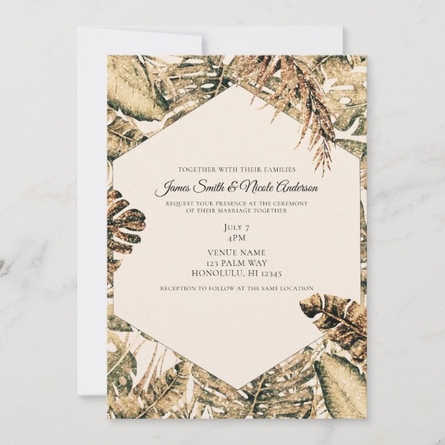 Gold Bronze Glitter Tropical Palm Leaves Wedding   Invitation (Front)