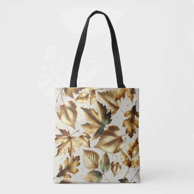 Gold Bronze Leaves Almond Beige Glam Fall Tote Bag (Front)