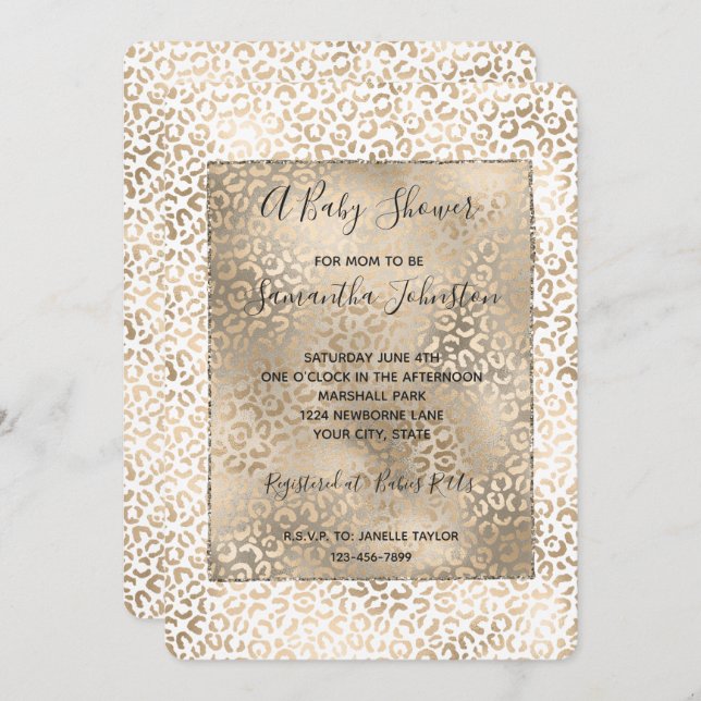 Gold Bronze Leopard Print Baby Shower Invitation (Front/Back)