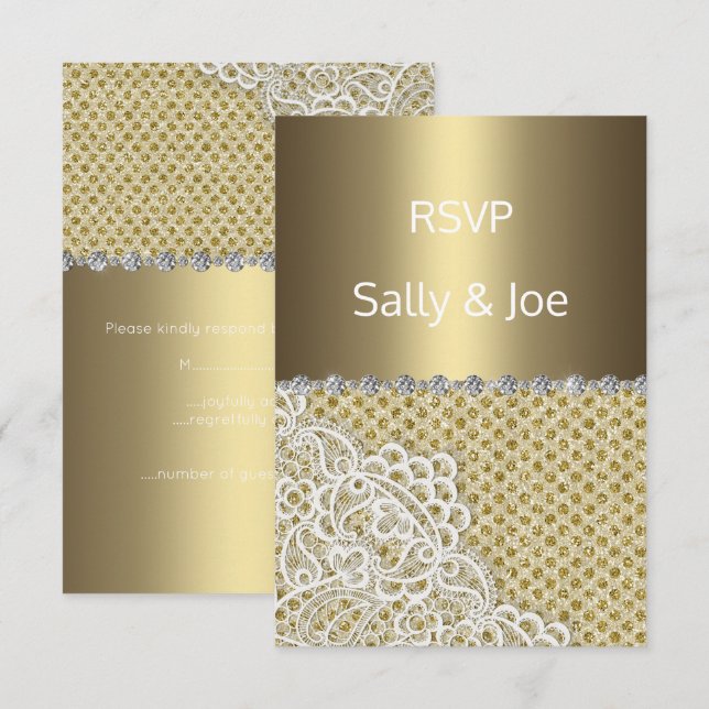 GOLD BRONZE Spot Lace Diamond Wedding response 2 Invitation (Front/Back)