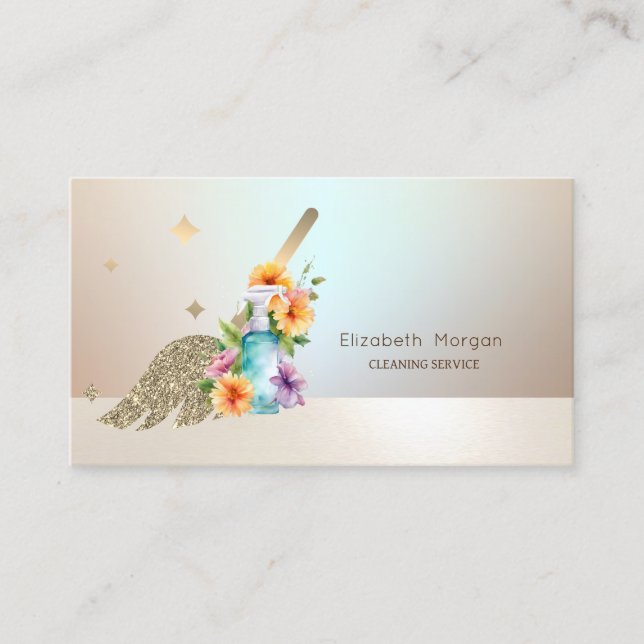 Gold Broom House Cleaning Services Spray Bottle Business Card (Front)