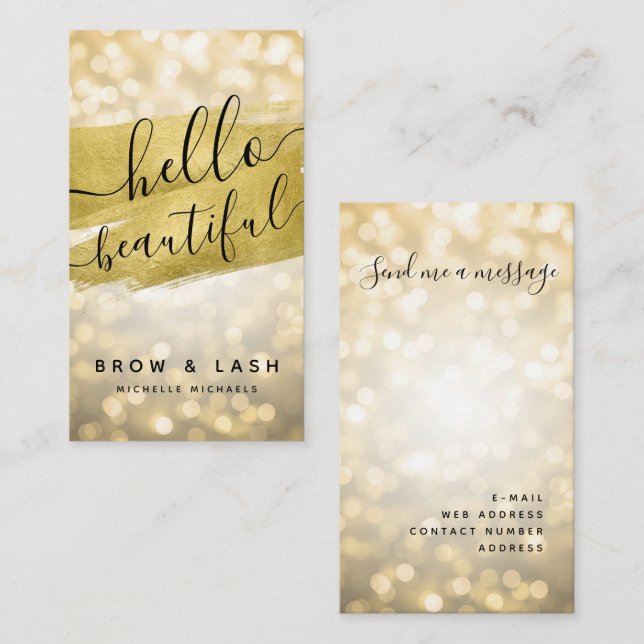 Gold Brow Lash Hello Beautiful Glam Lights Business Card (Front/Back)