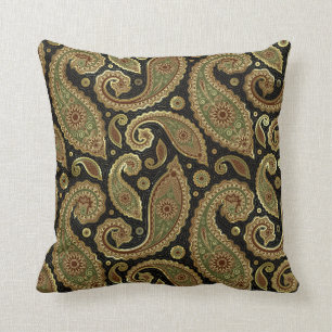 Gold Brown And Green Pastel Tones Vintage Paisley Cushion