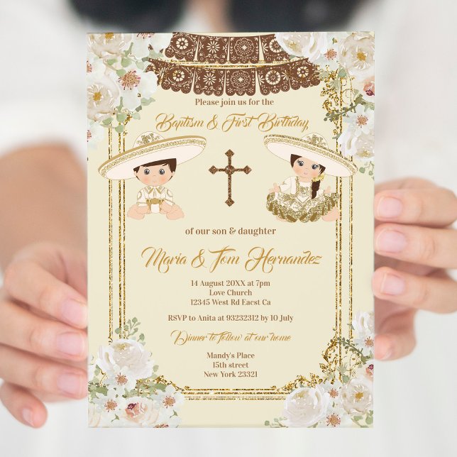 Gold Brown Baptism and Birthday Twin Fiesta    Invitation (Creator Uploaded)
