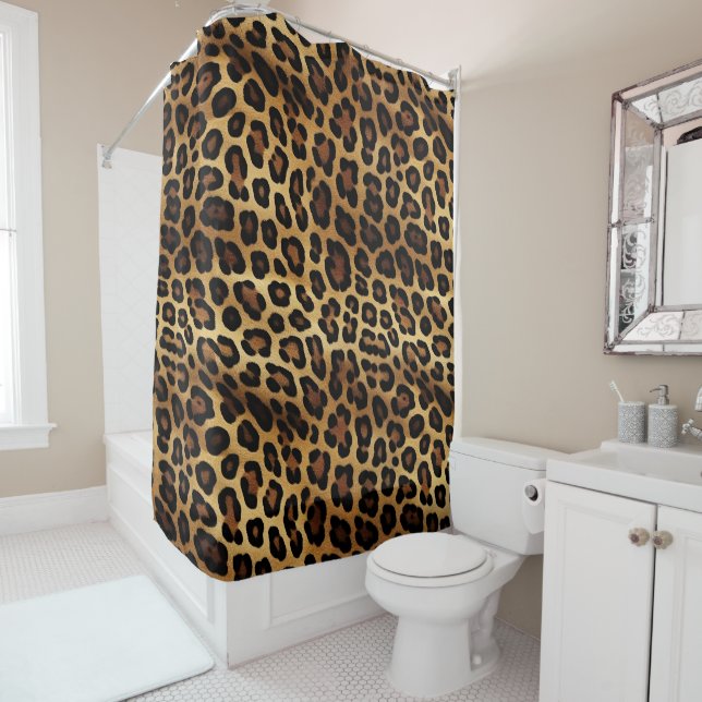 Gold Brown Black Leopard Animal Print Shower Curtain (In Situ)