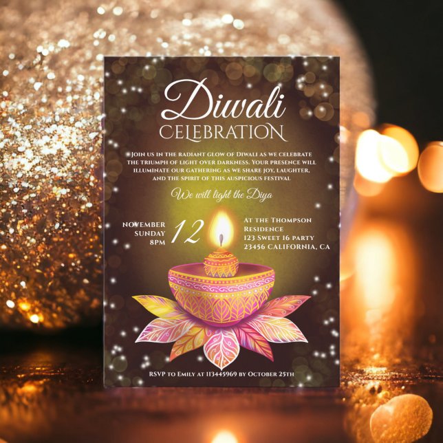 Gold brown Diwali Lamps light illustration script Invitation (Gold brown Diwali Lamps light illustration script Invitation)
