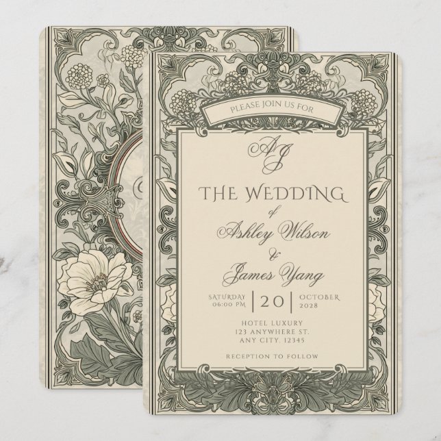 Gold Brown Floral Botanical Wedding Invitation (Front/Back)