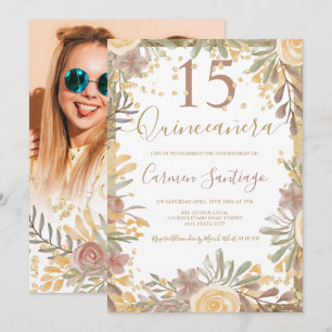 Gold brown floral watercolor Quinceanera photo Invitation