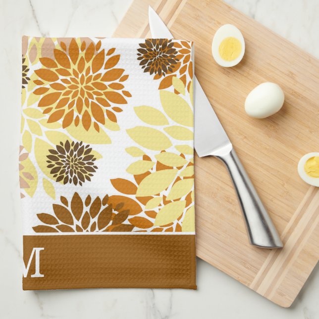 Gold Brown Flower Pattern Monogram Tea Towel (Quarter Fold)