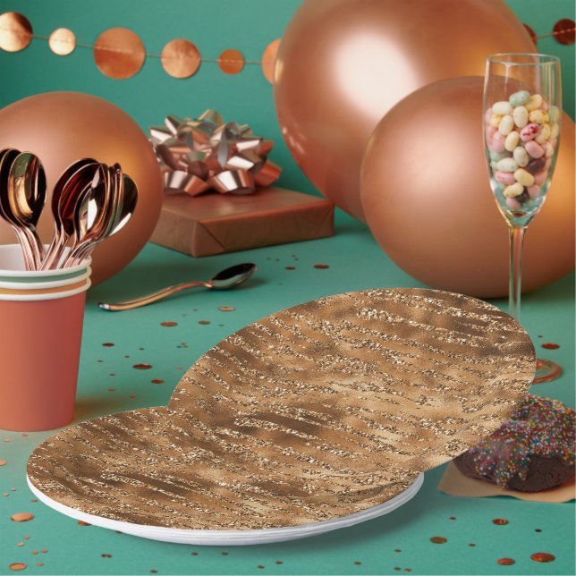 Gold Brown Glitter Stripes Paper Plate (Multi)
