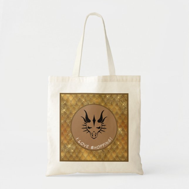 Gold & Brown I Love Shopping Dragon Head & Scales Tote Bag (Front)