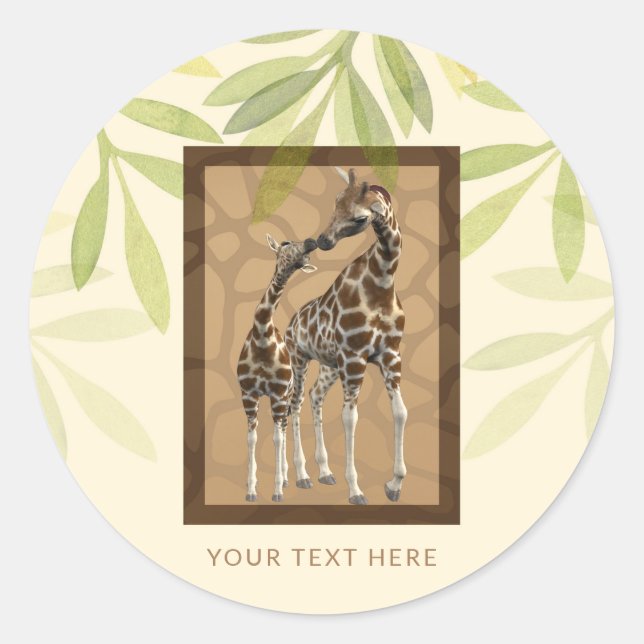 Gold Brown Kissing Giraffes Zoo Baby Shower Classic Round Sticker (Front)