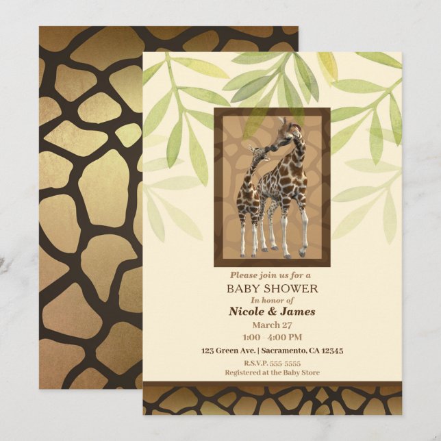 Gold Brown Kissing Giraffes Zoo Baby Shower Invitation (Front/Back)