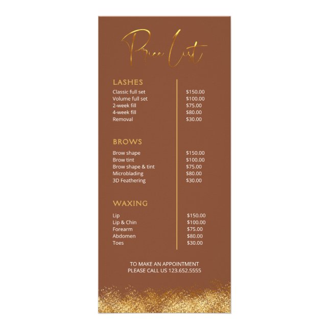 Gold & Brown Lash Tech Price List | Luxury Beauty  Rack Card (Front)
