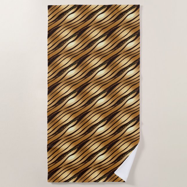 Gold Brown Leopard Print Stripes Beach Towel (Front)