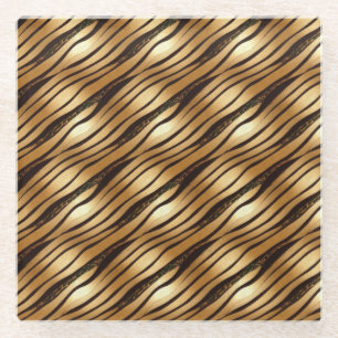 Gold Brown Leopard Print Stripes Glass Coaster