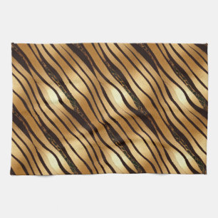 Gold Brown Leopard Print Stripes Tea Towel