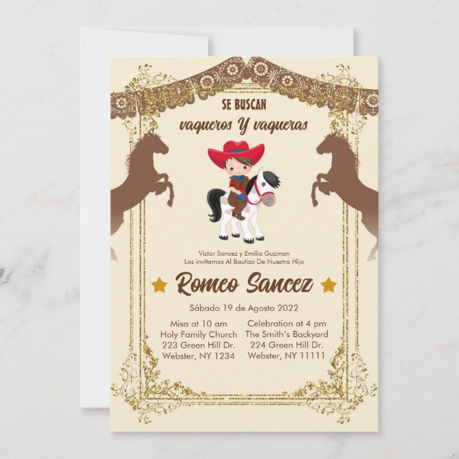 Gold Brown Mexican Cowboy Baptism Invite (Front)